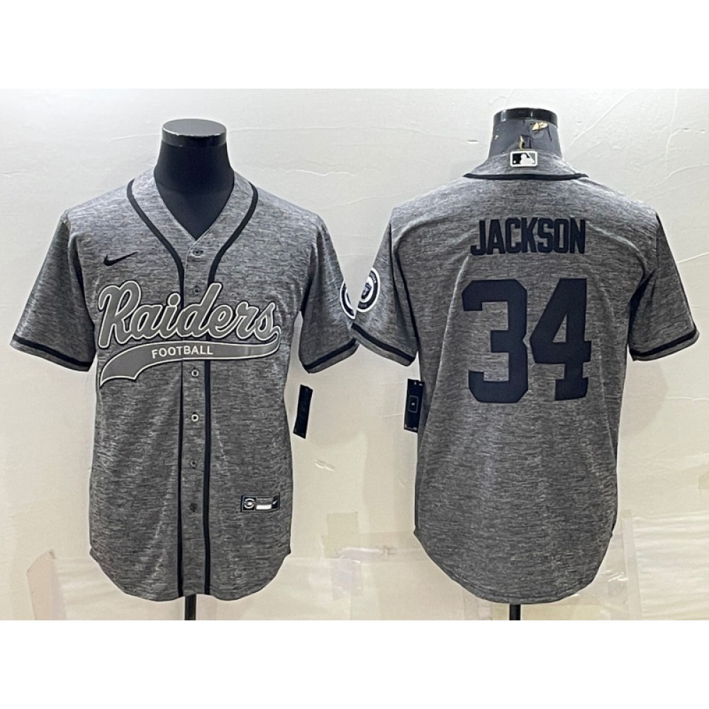 Men's Las Vegas Raiders #34 Bo Jackson Grey With Patch Cool Base Stitched Baseball Jersey