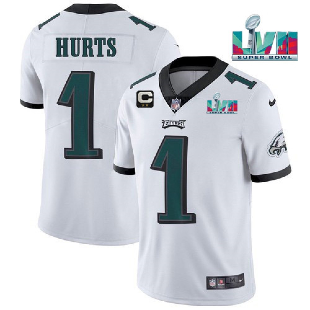 Men's Philadelphia Eagles #1 Jalen Hurts White Super Bowl LVII Patch And 2-star C Patch Vapor Untouchable Limited Stitched Jersey Men's Philadelphia Eagles #1 Jalen Hurts White Super Bowl LVII Patch And 2-star C Patch Vapor Untouchable Limited Stitched Jersey