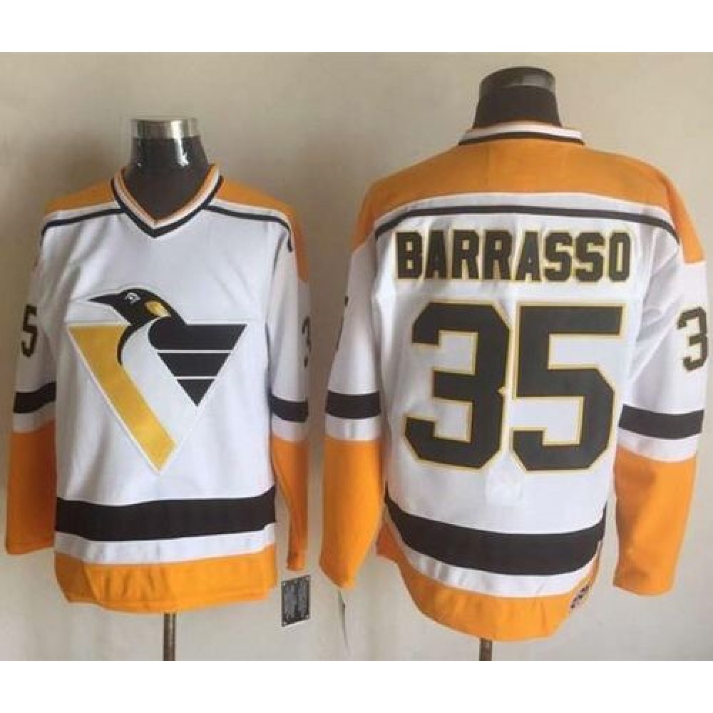 Penguins #35 Tom Barrasso White/Yellow CCM Throwback Stitched NHL Jersey Penguins #35 Tom Barrasso White/Yellow CCM Throwback Stitched NHL Jersey