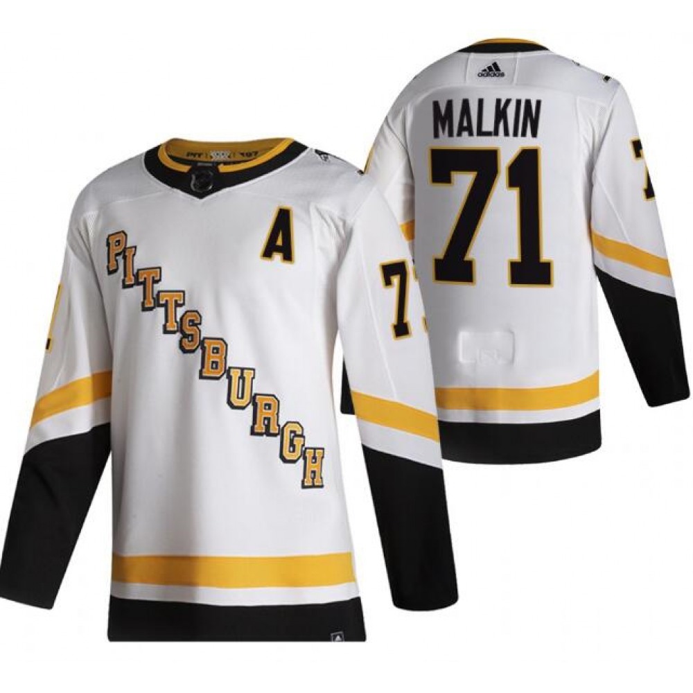 Men's Pittsburgh Penguins #71 Evgeni Malkin 2021 Reverse Retro White Stitched NHL Jersey Men's Pittsburgh Penguins #71 Evgeni Malkin 2021 Reverse Retro White Stitched NHL Jersey