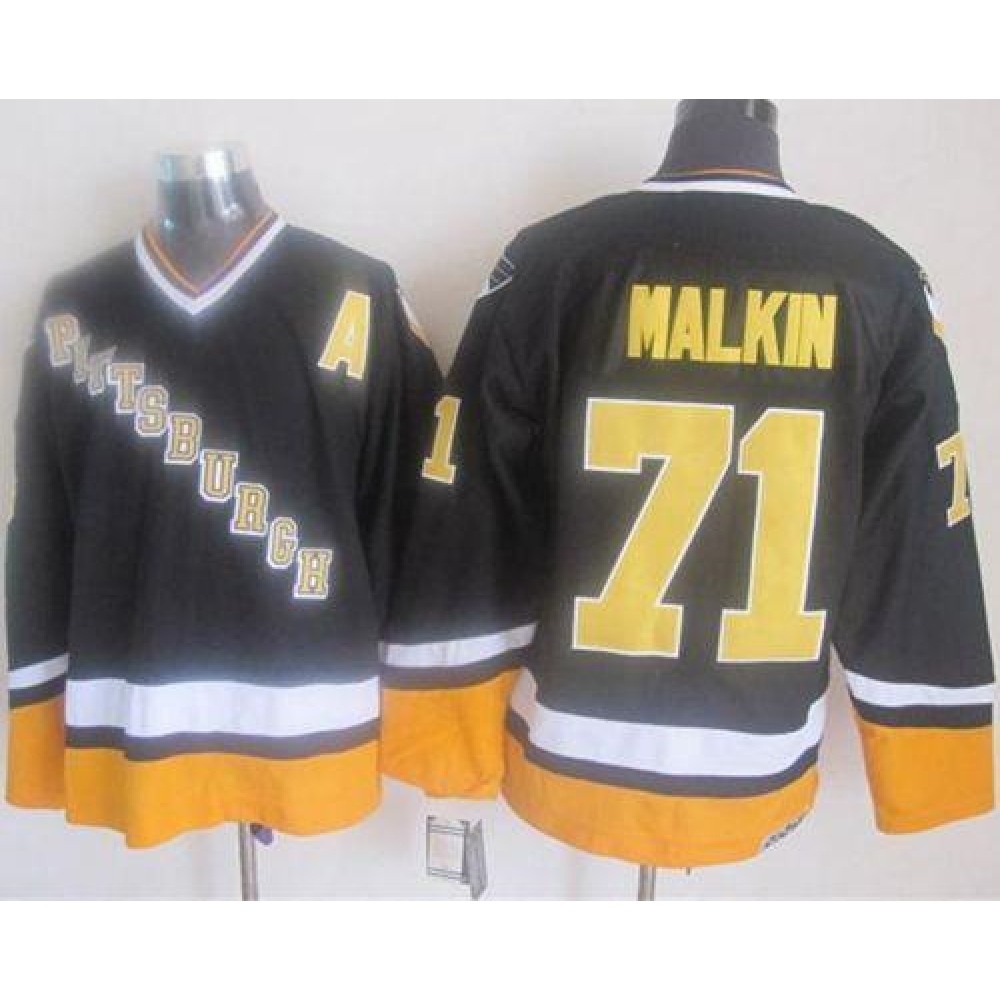 Penguins #71 Evgeni Malkin Black/Yellow CCM Throwback Stitched NHL Jersey Penguins #71 Evgeni Malkin Black/Yellow CCM Throwback Stitched NHL Jersey