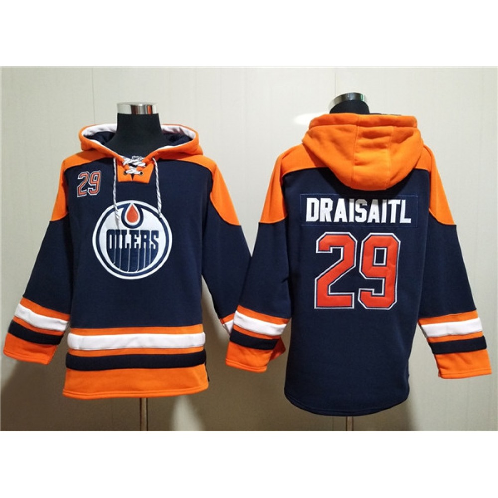 Men's Edmonton Oilers #29 Leon Draisaitl Navy Lace-Up Pullover Hoodie Men's Edmonton Oilers #29 Leon Draisaitl Navy Lace-Up Pullover Hoodie