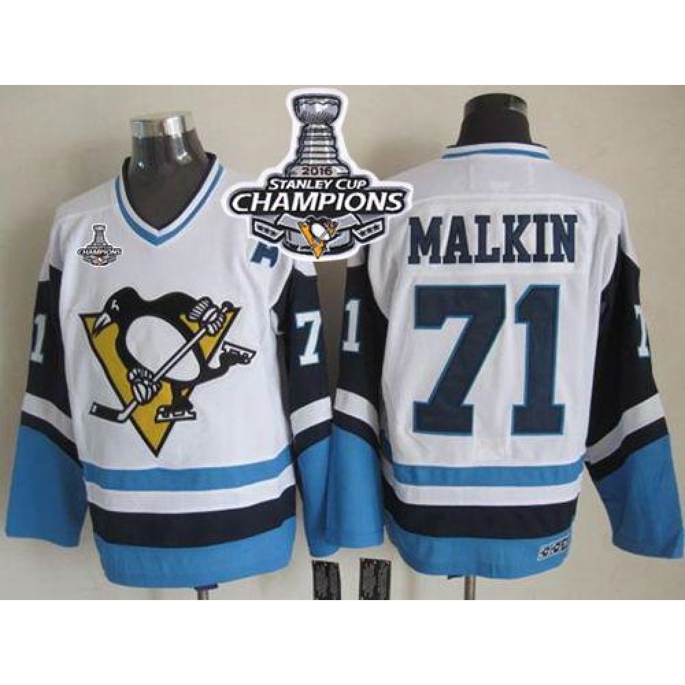 Penguins #71 Evgeni Malkin White/Blue CCM Throwback 2016 Stanley Cup Champions Stitched NHL Jersey Penguins #71 Evgeni Malkin White/Blue CCM Throwback 2016 Stanley Cup Champions Stitched NHL Jersey