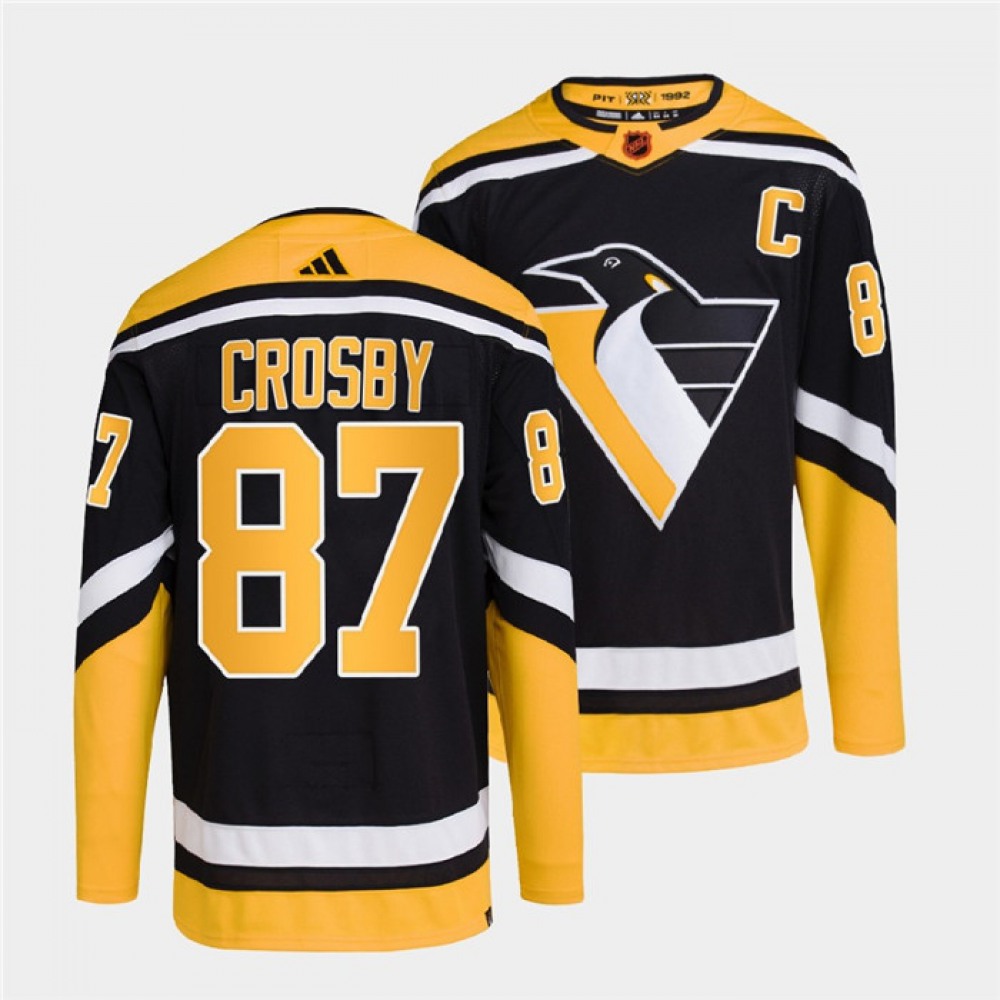 Men's Pittsburgh Penguins #87 Sidney Crosby Black 2022-23 Reverse Retro Stitched Jersey Men's Pittsburgh Penguins #87 Sidney Crosby Black 2022-23 Reverse Retro Stitched Jersey