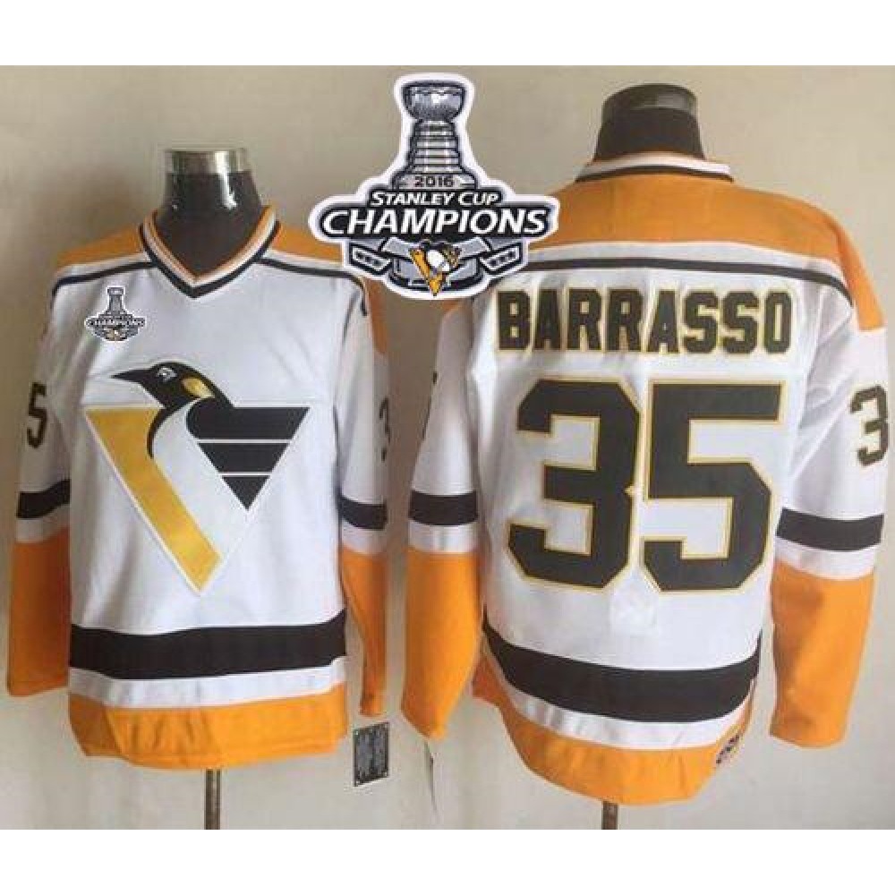 Penguins #35 Tom Barrasso White/Yellow CCM Throwback 2016 Stanley Cup Champions Stitched NHL Jersey Penguins #35 Tom Barrasso White/Yellow CCM Throwback 2016 Stanley Cup Champions Stitched NHL Jersey