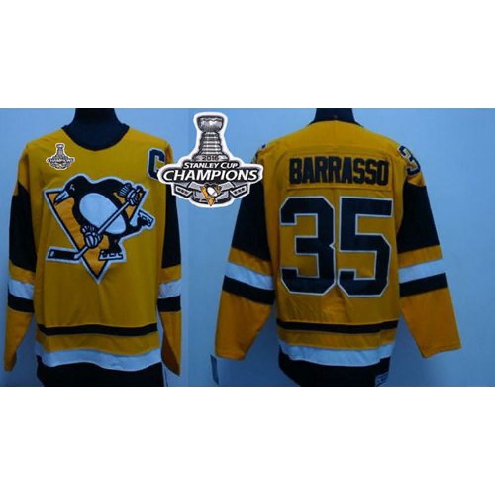 Mitchell&Ness Penguins #35 Tom Barrasso Yellow 2016 Stanley Cup Champions Stitched NHL Jersey