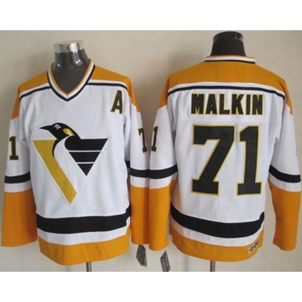 Penguins #71 Evgeni Malkin White/Yellow CCM Throwback Stitched NHL Jersey Penguins #71 Evgeni Malkin White/Yellow CCM Throwback Stitched NHL Jersey