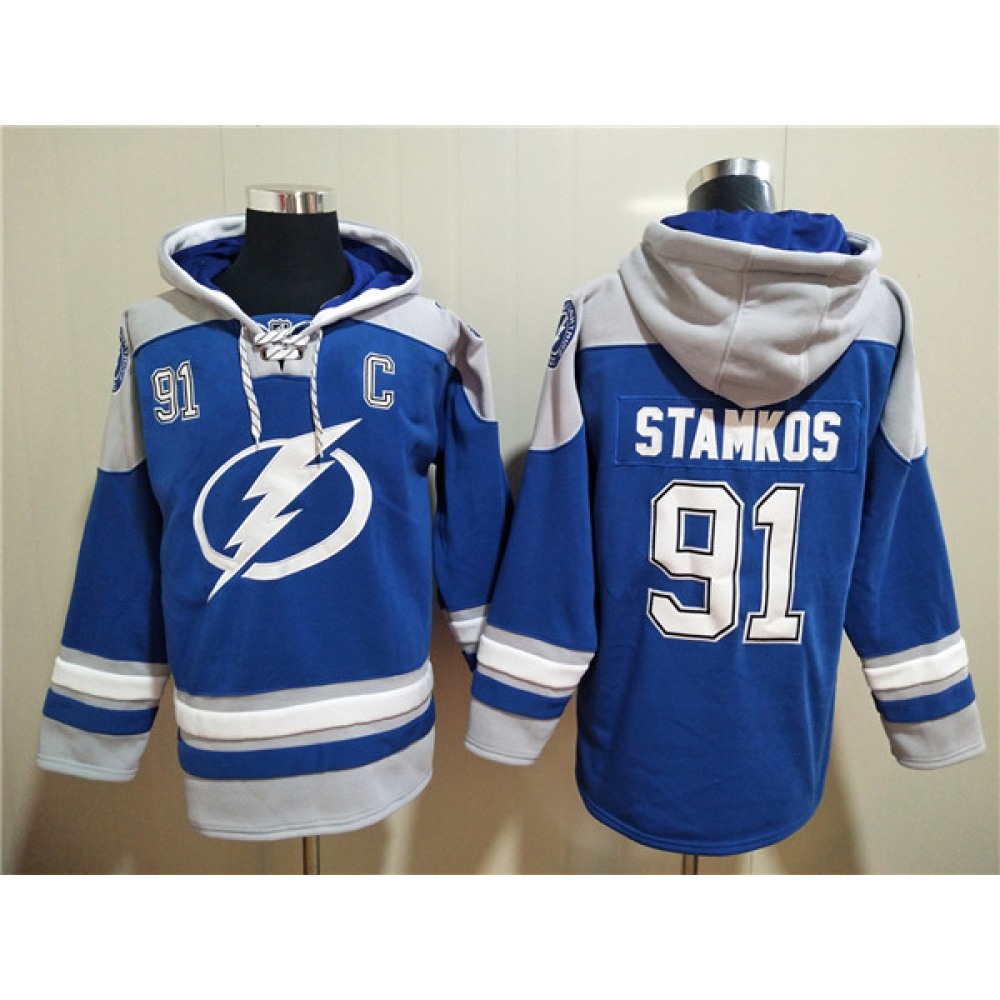 Men's Tampa Bay Lightning #91 Steven Stamkos Blue Ageless Must-Have Lace-Up Pullover Hoodie
