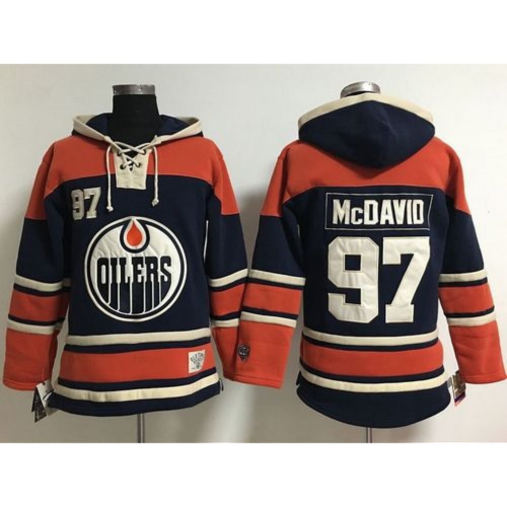 Edmonton Oilers #97 Connor McDavid Navy Blue Women's Old Time Lacer NHL Hoodie Edmonton Oilers #97 Connor McDavid Navy Blue Women's Old Time Lacer NHL Hoodie