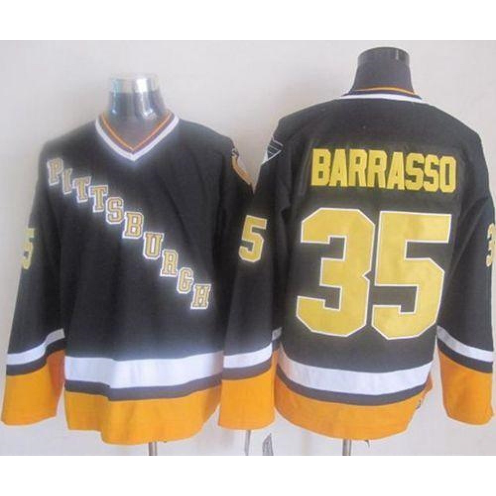 Penguins #35 Tom Barrasso Black/Yellow CCM Throwback Stitched NHL Jersey Penguins #35 Tom Barrasso Black/Yellow CCM Throwback Stitched NHL Jersey