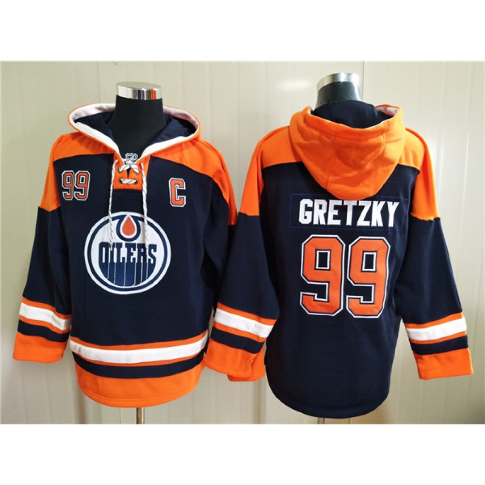 Men's Edmonton Oilers #99 Wayne Gretzky Navy Ageless Must-Have Lace-Up Pullover Hoodie