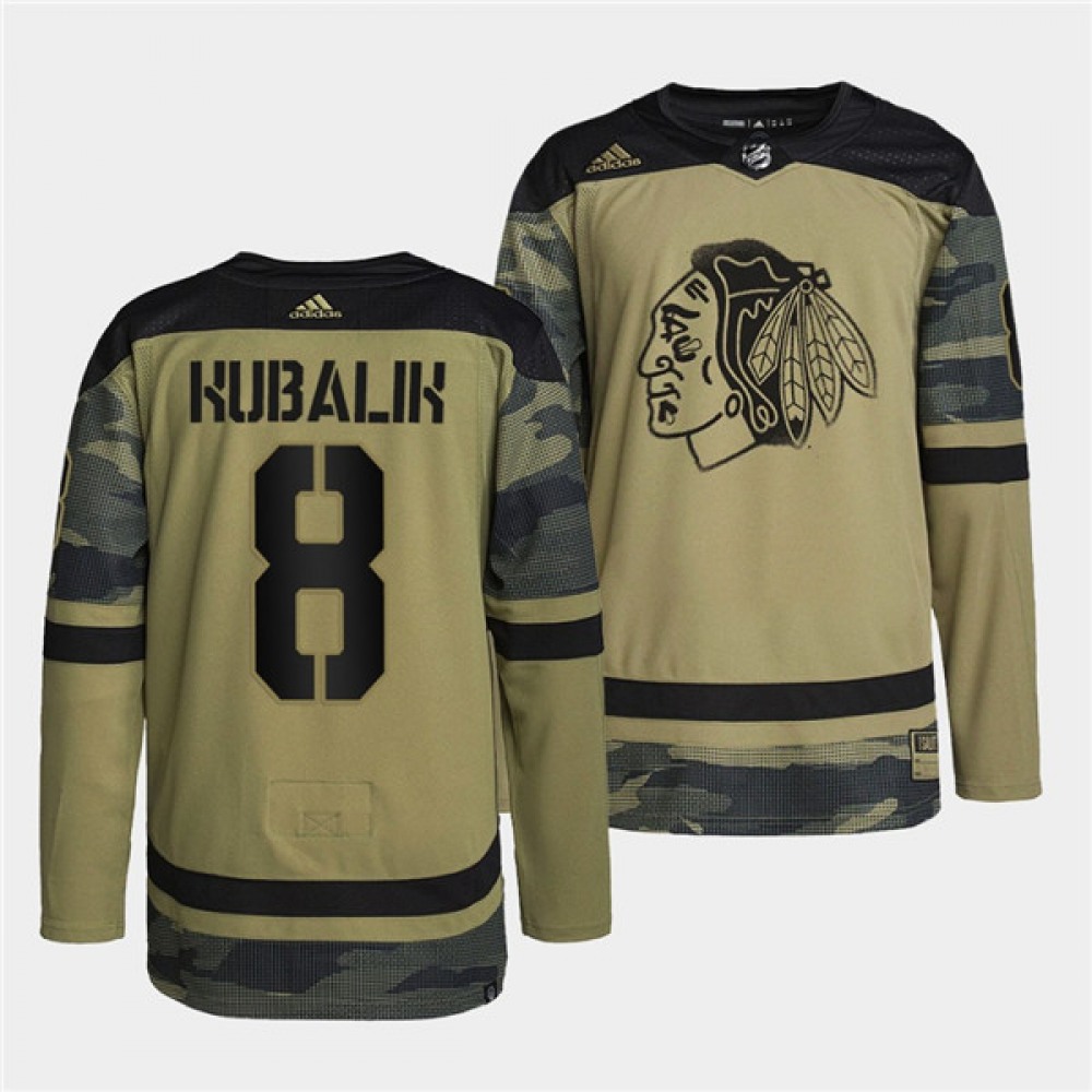 Men's Chicago Blackhawks #8 Dominik Kubalik 2022 Camo Military Appreciation Night White Stitched Jersey Men's Chicago Blackhawks #8 Dominik Kubalik 2022 Camo Military Appreciation Night White Stitched Jersey