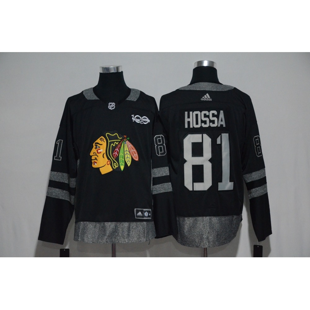 Chicago Blackhawks #81 Marian Hossa Black Men's 1917-2017 100th Anniversary Stitched NHL Jersey Chicago Blackhawks #81 Marian Hossa Black Men's 1917-2017 100th Anniversary Stitched NHL Jersey